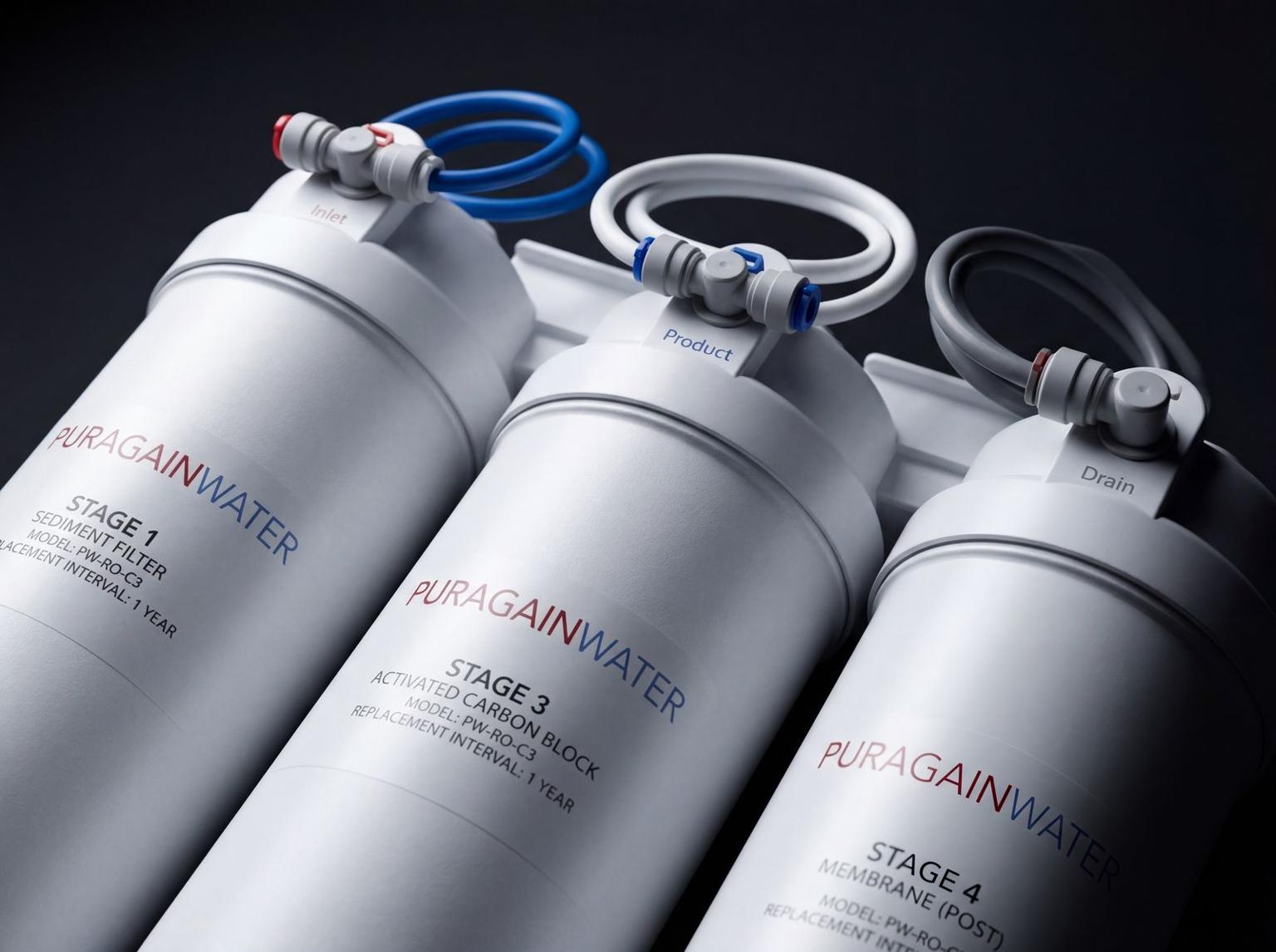 Reverse osmosis system detail showing filtration components