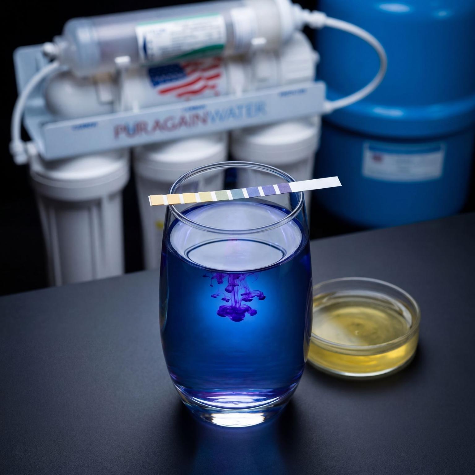 Close-up of alkaline mineral cartridge and purified water